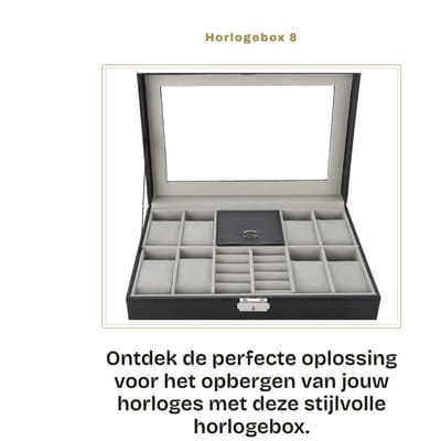 Dailygoods- Horlogebox 8 Compartimenten - Horlogedoos met Glazen Deksel - Sieradenopslag - PU-leer - 30 x 21 x 8 cm - Veilig met Slot - Sieradenbox