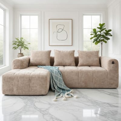 Luxe Chenille Hoekbank met Chaise Longue – 3-Zits L-Bank – Zacht & Ergonomisch – Geen Montage – Inclusief Kussens & Zijvakken – 250 x 158 cm – Kaki House&Garden