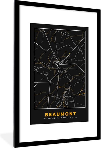 Fotolijst incl. Poster - Black & gold - Stadskaart - Beaumont - Plattegrond - Kaart - 80x120 cm - Posterlijst