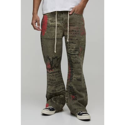 All-over Geprinte Relaxed Wijduitlopende Jeans met Touwriem | Size 28R