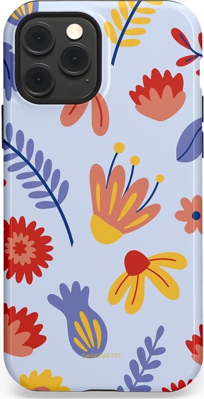 Casetastic hoesje geschikt voor Apple iPhone 12 / Apple iPhone 12 Pro - MagSafe - Dubbellaagse bescherming - Bloemenwind - Fashion Case - Lichtblauw Terracotta Geel