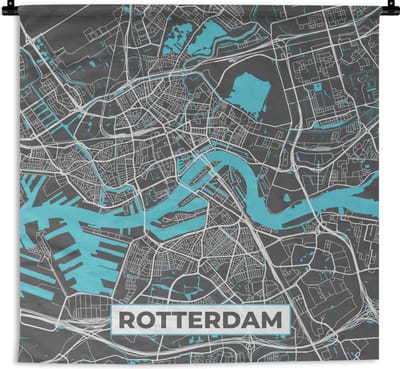 Wandkleed - Plattegrond - Rotterdam - Grijs - Blauw - 120x120 cm - Wandtapijt