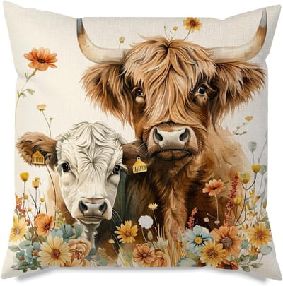 Decoratieve Kussenhoes 45x45 cm - Schotse Hooglander Dierenmotief met Bloemen voor Woonkamer, Boerderijstijl en Cadeau voor Huisverwarming