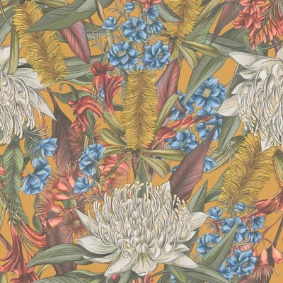Bloemen behang Profhome 394284-GU vliesbehang hardvinyl warmdruk in reliëf licht gestructureerd met bloemmotief mat geel groen blauw rood 5,33 m2