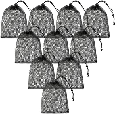 Dailygoods - TIESOME 10 stuks kleine nylon mesh trekkoordtas, zwarte mesh trekkoordtas reiszakken mesh opbergzak mesh trekkoord waszak voor wassen strandspecelgoed schelpen verzamelen golf 20 x 15 cm