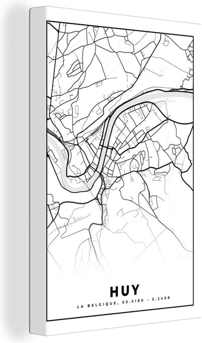 Canvas Schilderij Stadskaart – Plattegrond – België – Zwart Wit – Huy – Kaart - 20x30 cm - Wanddecoratie