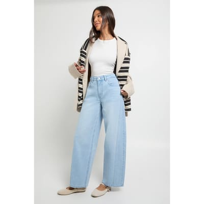 boohoo Dames Midden taille gedraaide stiknaad barrel-leg jeans | Bleach Wash | Maat: 16
