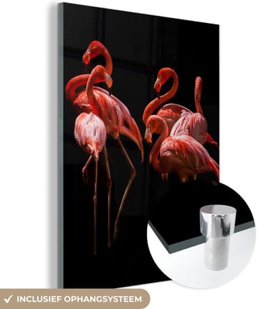 MuchoWow® Glasschilderij 120x160 cm - Schilderij acrylglas - Flamingo's - Vogels - Veren - Zwart - Foto op glas - Schilderijen