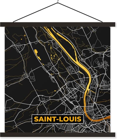 Posterhanger incl. Poster 60x60 cm - Schoolplaat - Plattegrond – Saint-Louis – Stadskaart – Kaart – Frankrijk - Textielposter - Zwarte latten - Stadskaart