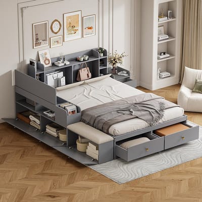 BLACKCOLORS Combinatiebed van massief hout 140*200 cm, hoofdeinde met geïntegreerd opbergvak, met lades, met nachtkastje, met lange opbergkast, met bankje, bed met opbergruimte Tweepersoonsbed Bed met opbergruimte Tatami-bed, grijs