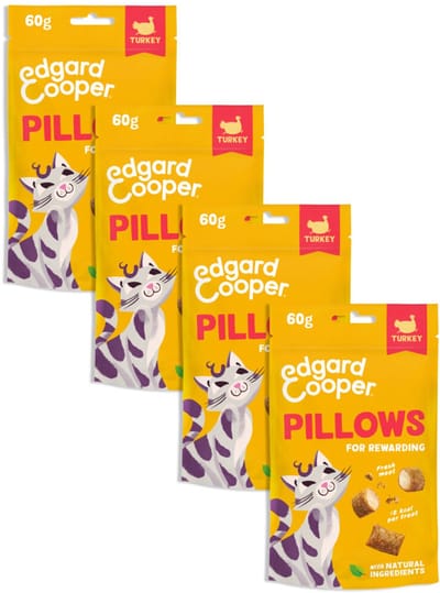 Edgard Cooper natuurlijke kattensnoepjes, Pillows Kalkoen 4 x 60g, boordevol vers vlees, graanvrije lekkernijen voor een beloning, minder dan 2 kcal per lekkernij, natuurlijke ingrediënten, geen toegevoegde suiker