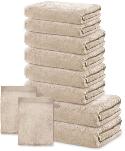 Badkamer Set 10 Stuks Beige 100% Katoen 500 g/m² – 2 Badhanddoeken 70x140 + 4 Handdoeken 50x100 + 2 Handdoeken 30x50 + 2 Washandjes 15x20 – Familie Badkamer Set – OEKO-TEX