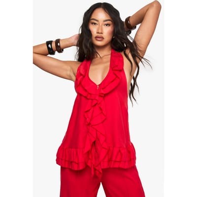 boohoo Dames Gewoven Gekreukeld Ruffle Top met Knopen | Rood | Maat: 34