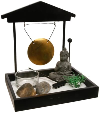 Atmosphera Boeddha zen tuin met gong - voor binnen - zwart - 15 x 16 cm - Met klein boeddha beeldje van 7 cm