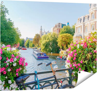 Gards Tuinposter Amsterdamse Kanaal met Bloemen - 100x80 cm - Tuindoek - Tuindecoratie - Wanddecoratie buiten - Tuinschilderij