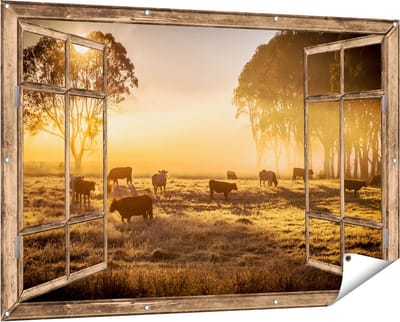 Gards Tuinposter Doorkijk Kudde Koeien in de Wei met Zonsopkomst - 150x100 cm - Tuindoek - Tuindecoratie - Wanddecoratie buiten - Tuinschilderij