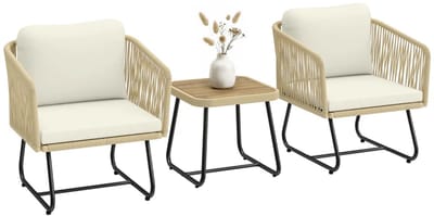 Bistroset - Tuinmeubel 3-delig - Tuinset van Rotan - Balkonset voor 2 Personen - Tuinmeubelset met 2 Fauteuils + Lattenhouten Tafel + Wasbare Kussens - Zitgroep - Meubel - Loungeset - Meubelsets - voor Tuin, Balkon, Terras