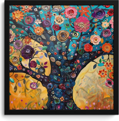 Poster in lijst - Fotolijst 40x40 cm - Posters - Boom - Levensboom - Kleurrijk - Bloemen - Modern - Posterlijst zwart - Decoratie - Wanddecoratie woonkamer - Muurdecoratie slaapkamer