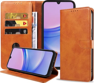 Geschikt voor Samsung Galaxy A15 Telefoonhoesje Kunstleer met Magnetisch lipje en Pasjeshouder Book Case met Klepje - Bruin - Smartphonica geschikt voor Samsung Galaxy A15