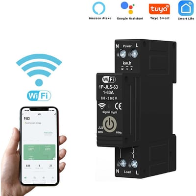 Tuya WiFi Intelligente Stroomonderbreker 1P 63A DIN Rail Bidirectionele Meting Energiemeter Ondersteuning 3 zwart