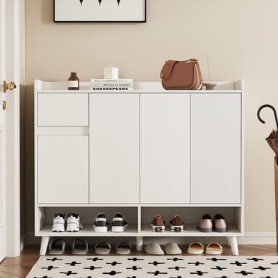 Wishdor - Schoenenkast - 4 Deuren En 1 Lade - Verstelbare Plank - Modern - Spaanplaat - Wit - 120 X 35 X 99 Cm