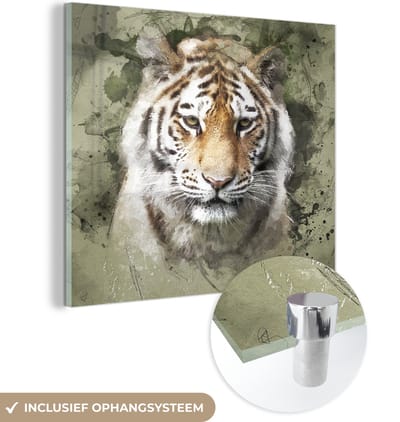 MuchoWow® Glasschilderij 50x50 cm - Schilderij acrylglas - Tijger - Waterverf - Groen - Foto op glas - Schilderijen