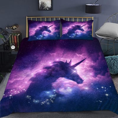 Eenhoorn Dekbedovertrek Paars Roze Cartoon Droom Dekbedovertrek Set Vrouwen Sterren Regenboog Strass Beddengoedset Voor Tiener Meisjes EU single(135x200cm)
