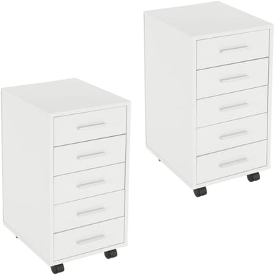 Set van 2 verrijdbare ladeblokken, verrijdbare archiefkast, 33x38x63,5 cm, kantoorkast met 5 laden, opbergkast voor kantoor & thuiskantoor ML-Design