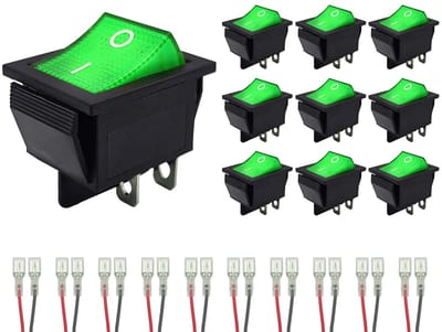 ProRide Wipschakelaar ON-OFF KCD4-202 - met Aansluitkabels - 2 Polig - 250V/16A - 30x22mm - Groen met lampje - 10 stuks
