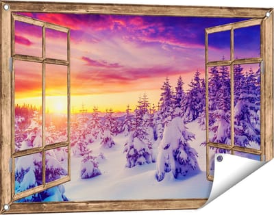 Gards Tuinposter Doorkijk Zonsondergang in het Sneeuw Bos - 90x60 cm - Tuindoek - Tuindecoratie - Wanddecoratie buiten - Tuinschilderij