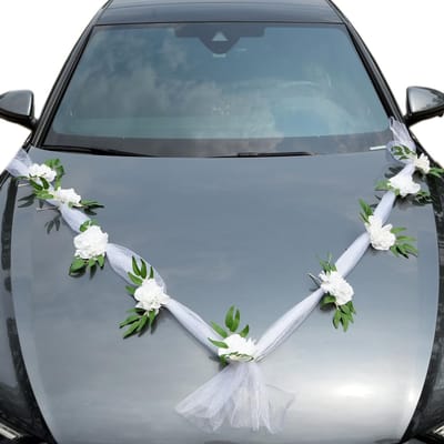 Dailygoods- Guirlande met bloemen - Organza Decoratie - Achteruitkijkspiegel Versiering - Bruiloft Decoratie - Auto Versiering - 1,6 meter lengte - 2 stuks met kunstbloemen - Autodecoratie