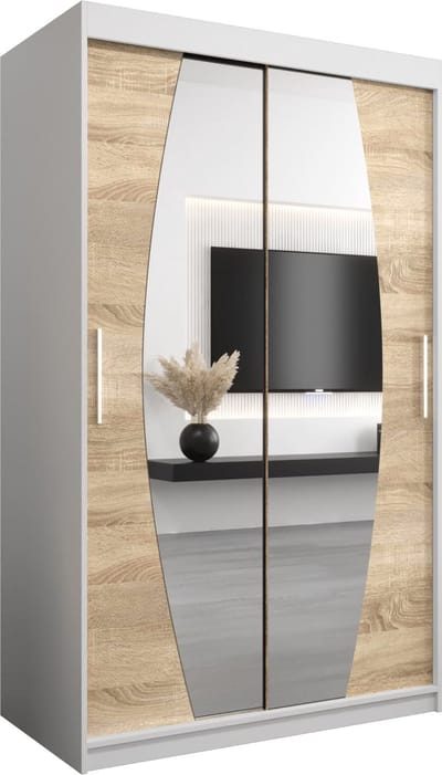 InspireMe - Kledingkast met 2 schuifdeuren, Modern-stijl, Een kledingkast met planken en een spiegel (BxHxD): 120x200x62 - GLOBE 120 Wit Mat + Sonoma Eik