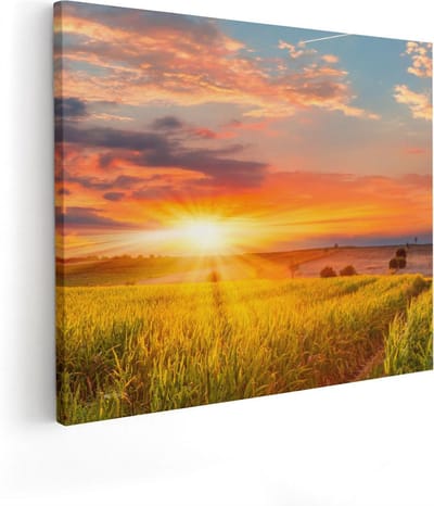 Artaza Canvas Schilderij Zonsondergang - 100x80 cm - Groot - Wanddecoratie Landschap - Muurdecoratie Natuur - Schilderijen Op Canvas Korenveld