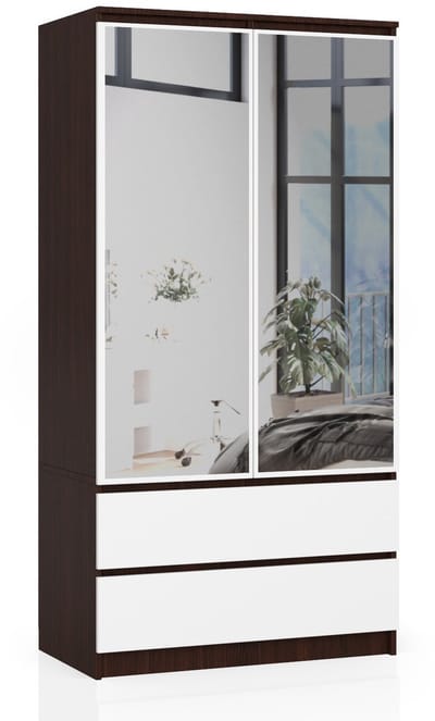 Kledingkast S90 met Spiegel 2 Deuren en 2 Lades / AKORD Furniture Factory / Venge - Wit / 90 x 180 x 51 cm