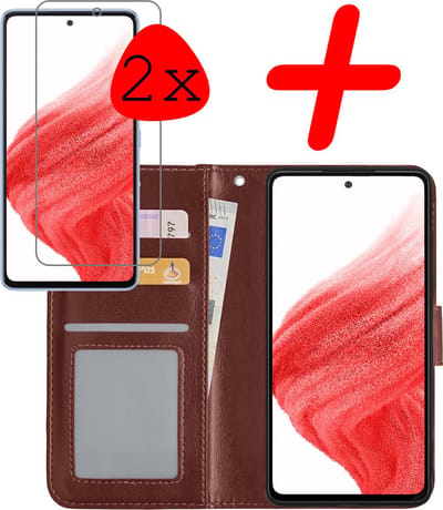 Hoesje Met 2x Screenprotector - Geschikt voor Samsung Galaxy A53 - Luxe Pasjeshouder - Bookcase Portemonee - Flip Case - Kunstleer Book Case - Flipcase Hoes - Book Cover - Walletcase - Portemonneehoes - Bruin