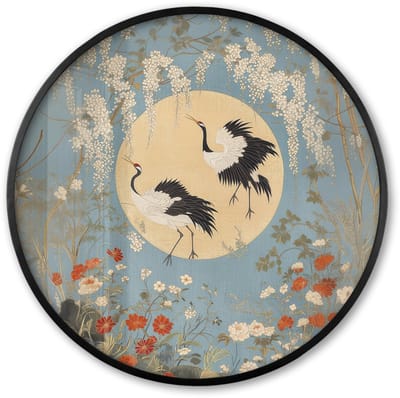 Poster in lijst Rond - Fotolijst 60x60 cm - Posters - Kraanvogels - Maan - Bloemen - Blauw - Ronde posterlijst zwart - Decoratie - Wanddecoratie woonkamer - Muurdecoratie slaapkamer
