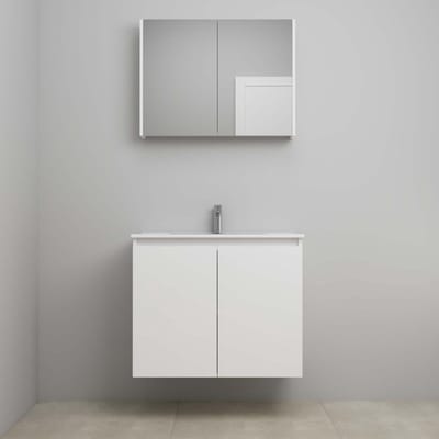 On-Line Badkamermeubelset - 80 cm - Bouwpakket - Greeploos 2 Deuren - Porseleinen Wastafel - 1 Kraangat - Spiegelkast - Hoogglans Wit