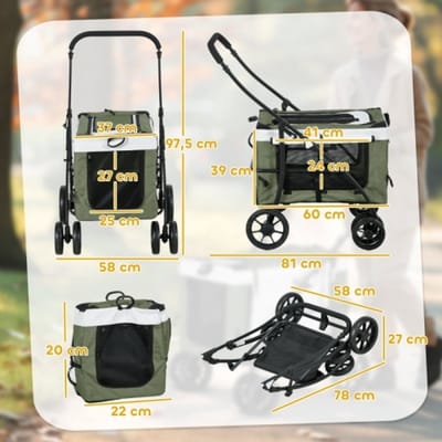 PawHut 2 in 1 Hondenbuggy Opvouwbaar voor Honden en Katten tot 10 kg Kattenbuggy met Kussen Gaas Ramen Deuren Opbergmand Kattenbuggy Buggy Donkergroen