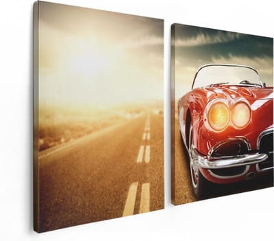 Artaza Canvas Schilderij Tweeluik Oude Rode Auto - Retro - 120x80 - Foto Op Canvas - Canvas Print