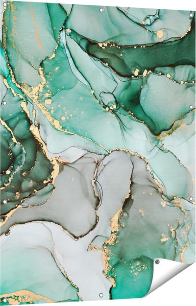 Gards Tuinposter Abstracte Kunst - Blauwe Marmer met Goud - 90x120 cm - Tuindoek - Tuindecoratie - Wanddecoratie buiten - Tuinschilderij