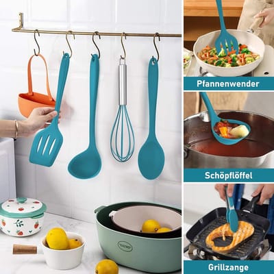 Famanu - Keukenhulpset, 9 stuks, siliconen keukengerei, hittebestendig kookgerei, kookgerei set met spatel, garde, grilltang, anti-aanbaklaag, kookbestek voor koken en bakken, blauw