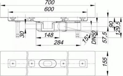 DALLMER douchegoot CeraLine PLAN F 600mm, DN 50 Totale hoogte 90mm, 523020