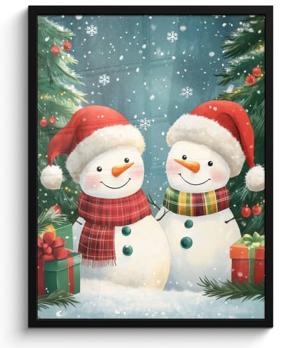 Poster in lijst - Fotolijst 60x80 cm - Posters - Sneeuwpop - Kerstsneeuw - Groen - Rood - Posterlijst zwart - Decoratie - Wanddecoratie woonkamer - Muurdecoratie slaapkamer - Kerstversiering - Kerstdecoratie voor binnen - Kerstmis