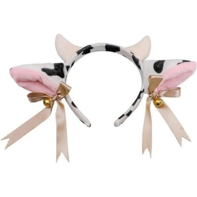 Vrouwen Haarband Melk Koe Oor Hoofdband met Strik Lint Bel Decor Buigbare Handgemaakte Lichtgewicht Hoofddeksel Kostuum Accessoire wit