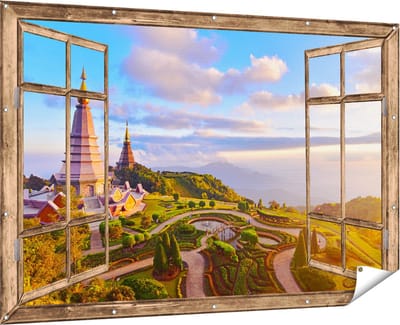 Gards Tuinposter Doorkijk Pagode Tempels in de Inthanon Berg in Thailand - 180x120 cm - Tuindoek - Tuindecoratie - Wanddecoratie buiten - Tuinschilderij