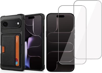 Pasjes Houder Hoesje & 2x Screenprotector geschikt voor iPhone Air Hoesje Screenprotector - Gehard Glas Cover + Heavy Duty Case - Magnetisch Portemonnee Hoesje Cover - Zwart