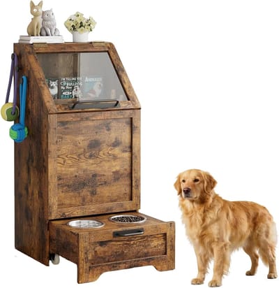 Honden Voerstation met Opbergkast & Uitschuifbare Voerbakken - Voedselcontainer met Klep - Verhoogde Voerbak Hond / Kat - bruin