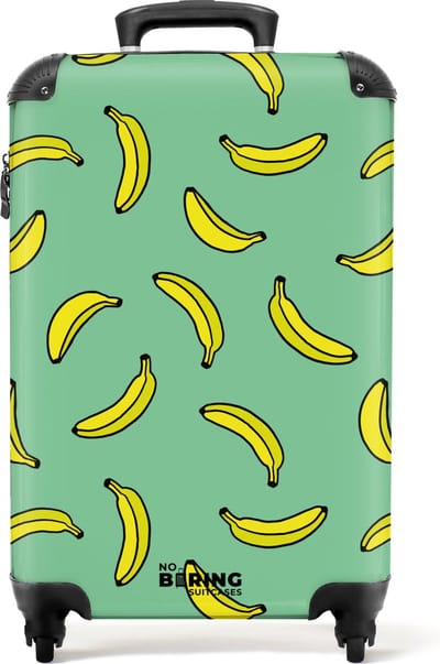 NoBoringSuitcases.com® - Handbagage koffer lichtgewicht - Reiskoffer trolley - Groen met gele bananen - Rolkoffer met wieltjes - Past binnen 55x40x20 en 55x35x25