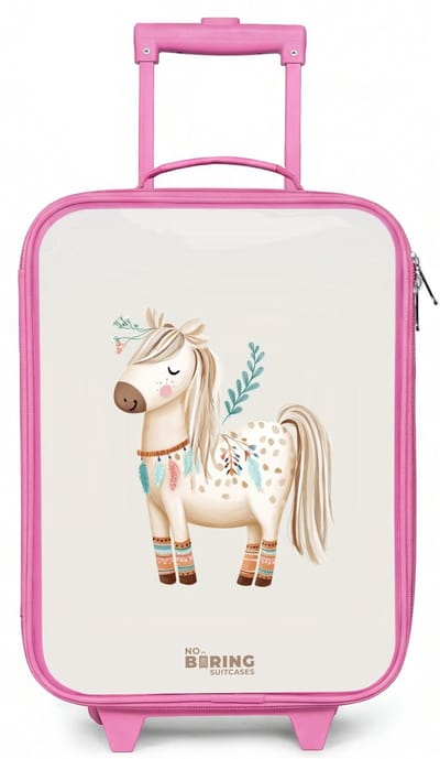 NoBoringSuitcases.com® - Kinderkoffer roze - Kindertrolley meisje - Bohemian paard in beige tinten - Koffer kind lichtgewicht - Reiskoffer trolley voor kinderen - Koffertje met lichtgevende wieltjes - Rolkoffer