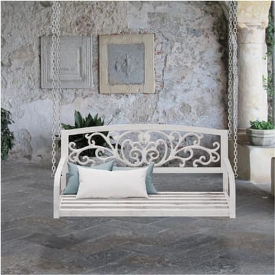 Thuys – 2 – Zits Hangbank Schommelbank – Vintage Tuinschommel Van Metaal – 190 x 133 x 55 Cm – In Wit/Brons